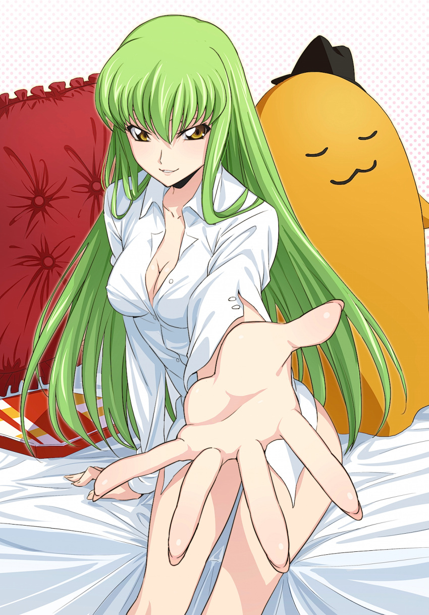 1girl arm_at_side arm_support bangs bare_legs beckoning bed_sheet bottomless breasts c.c. cheese-kun cleavage code_geass collared_shirt dress_shirt fingernails frilled_pillow frills green_hair hair_between_eyes highres lips long_fingernails long_hair long_sleeves looking_at_viewer naked_shirt on_bed outstretched_arm palms parted_lips pillow polka_dot polka_dot_background puma_(hyuma1219) shirt sitting smile solo stuffed_toy white_shirt yellow_eyes