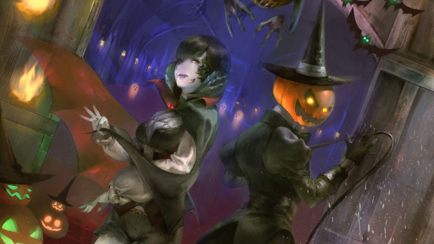 2girls ahriman au_ra bat black_hair cape fangs final_fantasy final_fantasy_xiv ghost gloves halloween hat highres horns jack-o'-lantern looking_at_viewer multiple_girls official_art red_eyes short_hair whip witch_hat