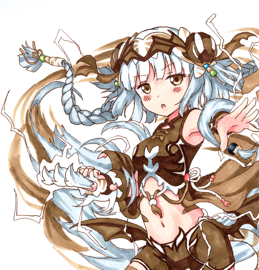 1girl bare_shoulders blush braid brown_eyes commentary_request hair_ornament haku_(p&amp;d) headpiece highres holding holding_weapon long_hair looking_at_viewer marker_(medium) miyabeeya navel puzzle_&amp;_dragons simple_background traditional_media very_long_hair weapon white_background