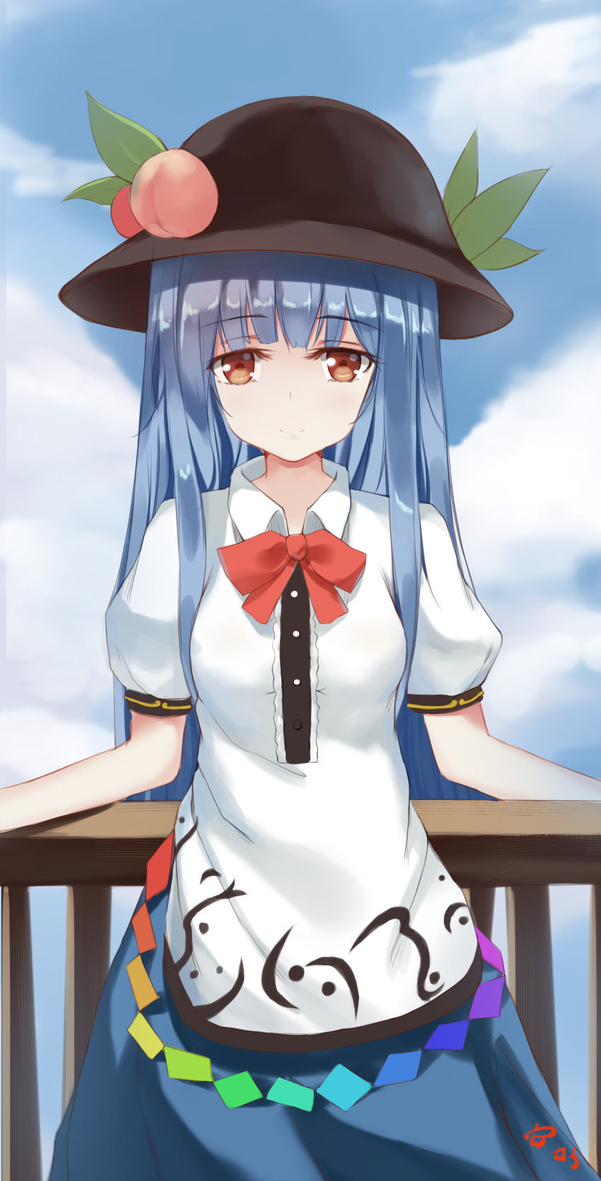 1girl absurdres anhao arms_at_sides bangs black_hat blue_hair blue_skirt blue_sky blunt_bangs bow bowtie brown_eyes buttons closed_mouth clouds cloudy_sky collared_shirt cowboy_shot eyebrows eyebrows_visible_through_hair food fruit hat hat_leaf highres hinanawi_tenshi long_hair looking_at_viewer peach puffy_short_sleeves puffy_sleeves railing rainbow_order red_bow red_bowtie shirt short_sleeves signature skirt sky smile solo touhou wing_collar