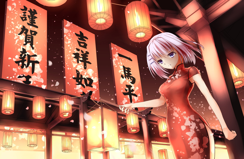 1girl aoi_kao_(lsz7106) blue_eyes china_dress chinese_clothes date_a_live dress hair_ornament highres holding holding_lantern lamp lantern outdoors paper_lantern red_dress road short_hair silver_hair solo street tobiichi_origami