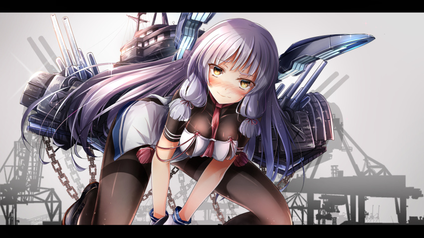 1girl between_breasts black_legwear blush bodysuit breasts chain commentary_request crane dress eyebrows eyebrows_visible_through_hair gloves hagurumadaze headgear highres hime_cut kantai_collection kneeling leaning_forward long_hair looking_at_viewer machinery medium_breasts murakumo_(kantai_collection) necktie necktie_between_breasts pantyhose remodel_(kantai_collection) sailor_dress shiny shiny_clothes silver_hair solo turret white_gloves yellow_eyes