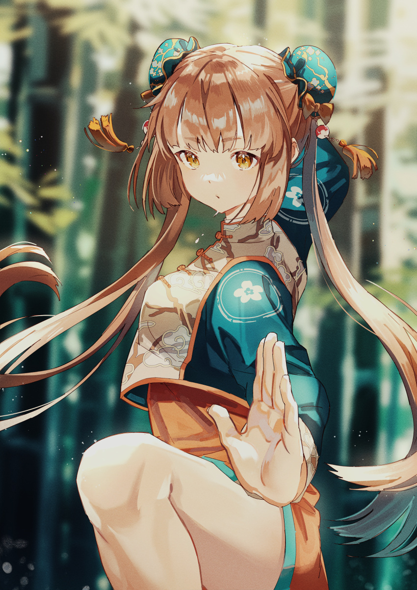 1girl bamboo bamboo_forest bangs bow braid brown_hair bun_cover chinese_clothes double_bun forest hair_bow hajikkoneko highres leg_up long_hair looking_at_viewer nature original solo yellow_bow yellow_eyes