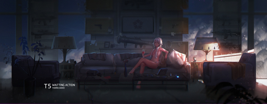 1girl alcohol artist_name assault_rifle bangs blue_eyes cellphone clothes_removed computer couch crossed_legs cup drinking_glass flower flower_pot gun handgun high_heels highres ibara_dance indoors laptop long_hair looking_at_viewer original panties phone pillow plant potted_plant rifle rocket_launcher shoes side-tie_panties sitting smartphone sniper_rifle solo sunlight table topless underwear weapon white_hair white_shoes wine wine_glass