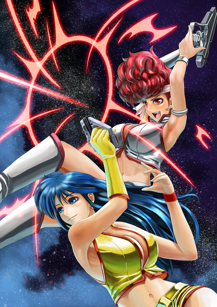 2girls 80s abazu-red armlet bangs blue_eyes blue_hair boots breasts cleavage crop_top curly_hair dirty_pair earrings energy_gun gloves grey_boots grey_gloves grey_shirt grey_shorts headband highres jewelry kei_(dirty_pair) knee_boots large_breasts long_hair looking_to_the_side midriff multiple_girls navel oldschool open_mouth ray_gun red_eyes redhead shirt short_hair short_shorts shorts sky sleeveless sleeveless_shirt smile star_(sky) starry_sky weapon wristband yellow_boots yellow_gloves yellow_shirt yellow_shorts yuri_(dirty_pair)