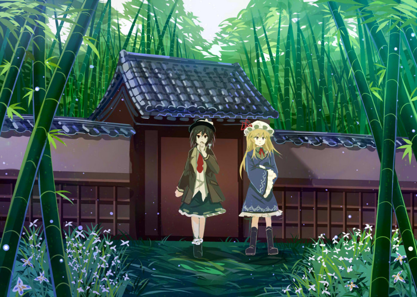 2girls architecture bamboo bamboo_forest black_skirt blonde_hair blue_dress boots brown_eyes brown_hair covering_mouth crossed_arms day dress e.o. east_asian_architecture expressionless flower forest grass hat hat_ribbon jacket knee_boots long_hair looking_at_viewer looking_to_the_side maribel_hearn multiple_girls nature necktie open_clothes open_jacket outdoors red_necktie ribbon shirt short_hair skirt touhou untucked_shirt usami_renko