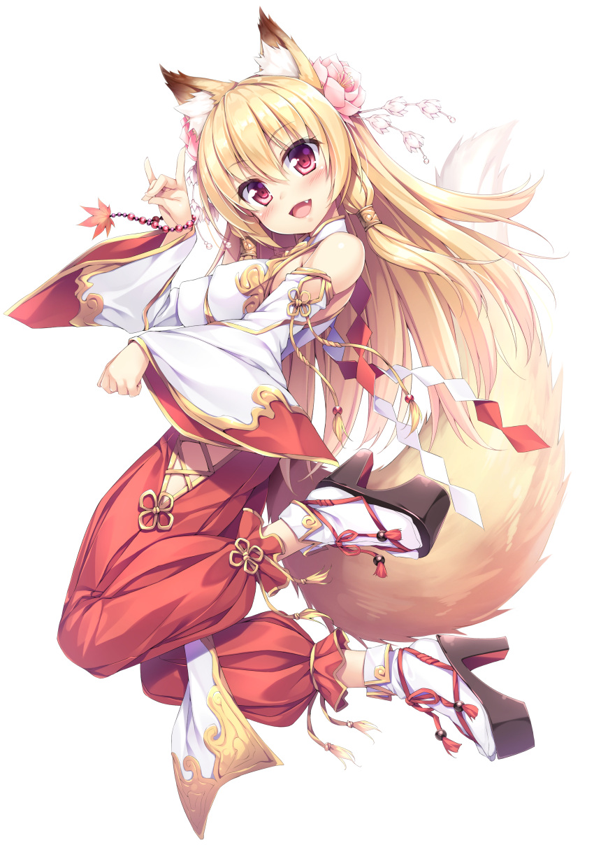 1girl absurdres animal_ears baggy_pants bangs bare_shoulders blonde_hair blush bracelet commentary_request covered_nipples detached_sleeves fang flower fox_ears fox_tail from_side hair_flower hair_ornament high_heels highres jewelry kokutou_(kazuakifca) long_hair looking_at_viewer looking_to_the_side open_mouth original pants red_eyes sandals simple_background smile solo tabi tail white_background wide_sleeves