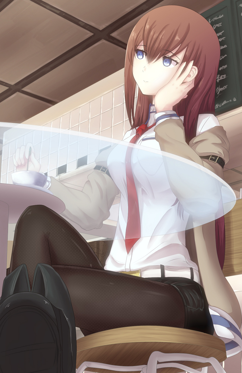 1girl arm_support black_legwear black_shorts blue_eyes brown_hair brown_jacket eyebrows eyebrows_visible_through_hair from_below hair_between_eyes highres jacket long_hair makise_kurisu necktie off_shoulder open_clothes open_jacket pantyhose red_necktie see-through shirt shorts sitting smile solo steins;gate tenchou_no_matsumoto white_shirt