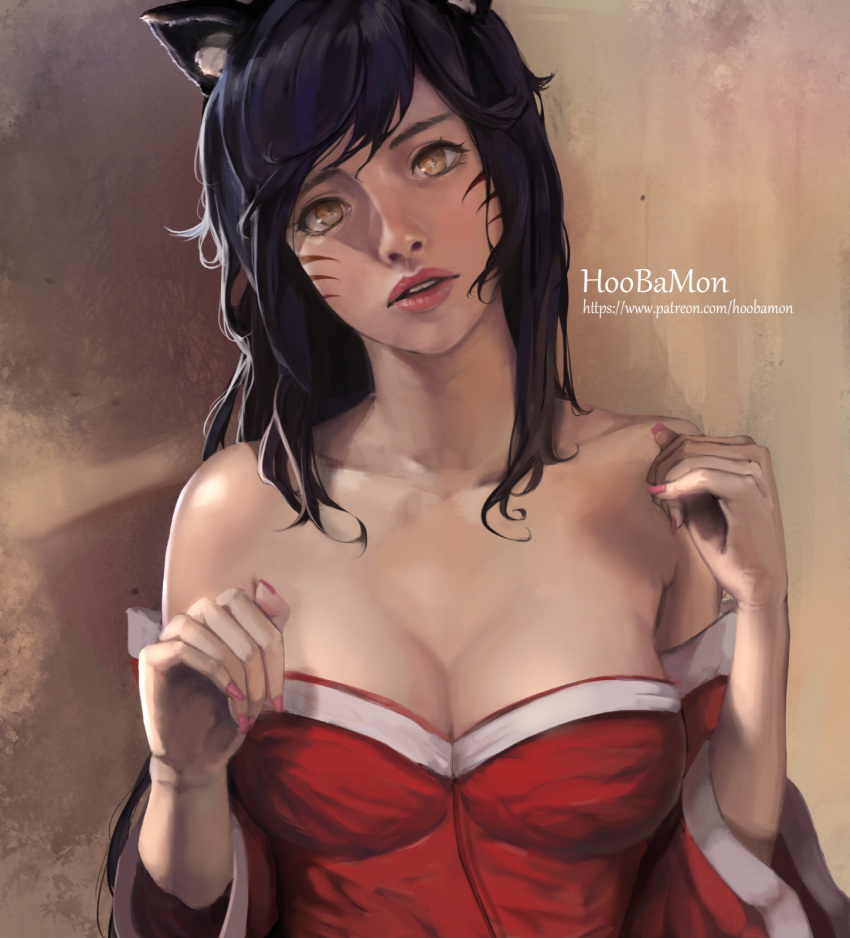 1girl ahri animal_ears artist_name bangs bare_shoulders blue_hair breasts cleavage collarbone detached_sleeves eyelashes facial_mark fingernails fox_ears hands_up highres hoobamon korean_clothes league_of_legends lips lipstick long_fingernails long_hair looking_at_viewer makeup medium_breasts nail_polish nose parted_lips pink_lips pink_lipstick pink_nails slit_pupils solo swept_bangs upper_body watermark web_address whisker_markings wide_sleeves yellow_eyes