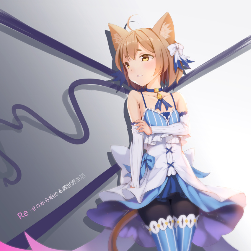 1boy aliter animal_ears bare_shoulders bow brown_hair cat_ears cat_tail choker detached_sleeves dress eyebrows felix_argyle hair_bow highres otoko_no_ko re:zero_kara_hajimeru_isekai_seikatsu ribbon short_hair solo tail yellow_eyes