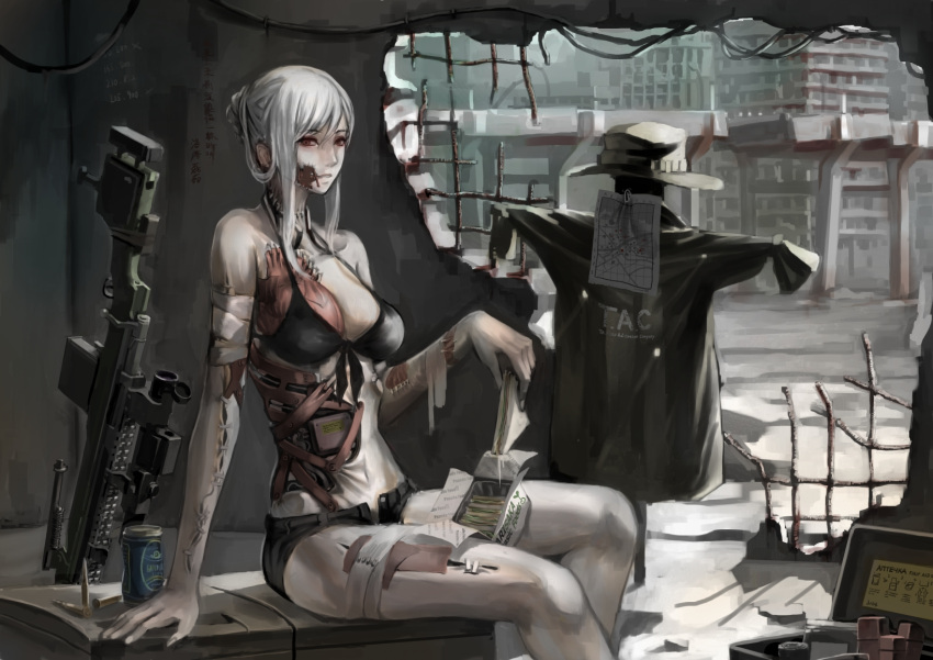 1girl albino black_bikini_top breasts brown_eyes bullet can cleavage damaged gun hat hat_removed headwear_removed highres jittsu looking_at_viewer mecha_musume original pale_skin parts_exposed ruins sandwich shorts sitting solo weapon white_hair