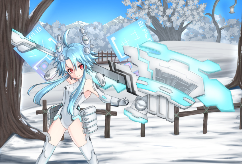 1girl ahoge axe battle_axe blanc blue_hair gloves long_hair looking_at_viewer neptune_(series) power_symbol red_eyes short_hair_with_long_locks solo symbol-shaped_pupils weapon white_heart