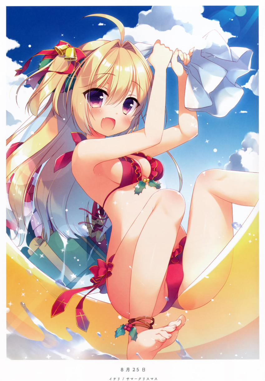 1girl :d absurdres ahoge ankleband arms_up bell bikini blonde_hair blush box breasts christmas cleavage fang frilled_bikini frills gift gift_box hair_bell hair_intakes hair_ornament hair_ribbon highres jingle_bell lens_flare long_hair looking_at_viewer open_mouth original outdoors red_bikini ribbon sack sazaki_ichiri scan small_breasts smile solo sparkle swimsuit two_side_up violet_eyes water