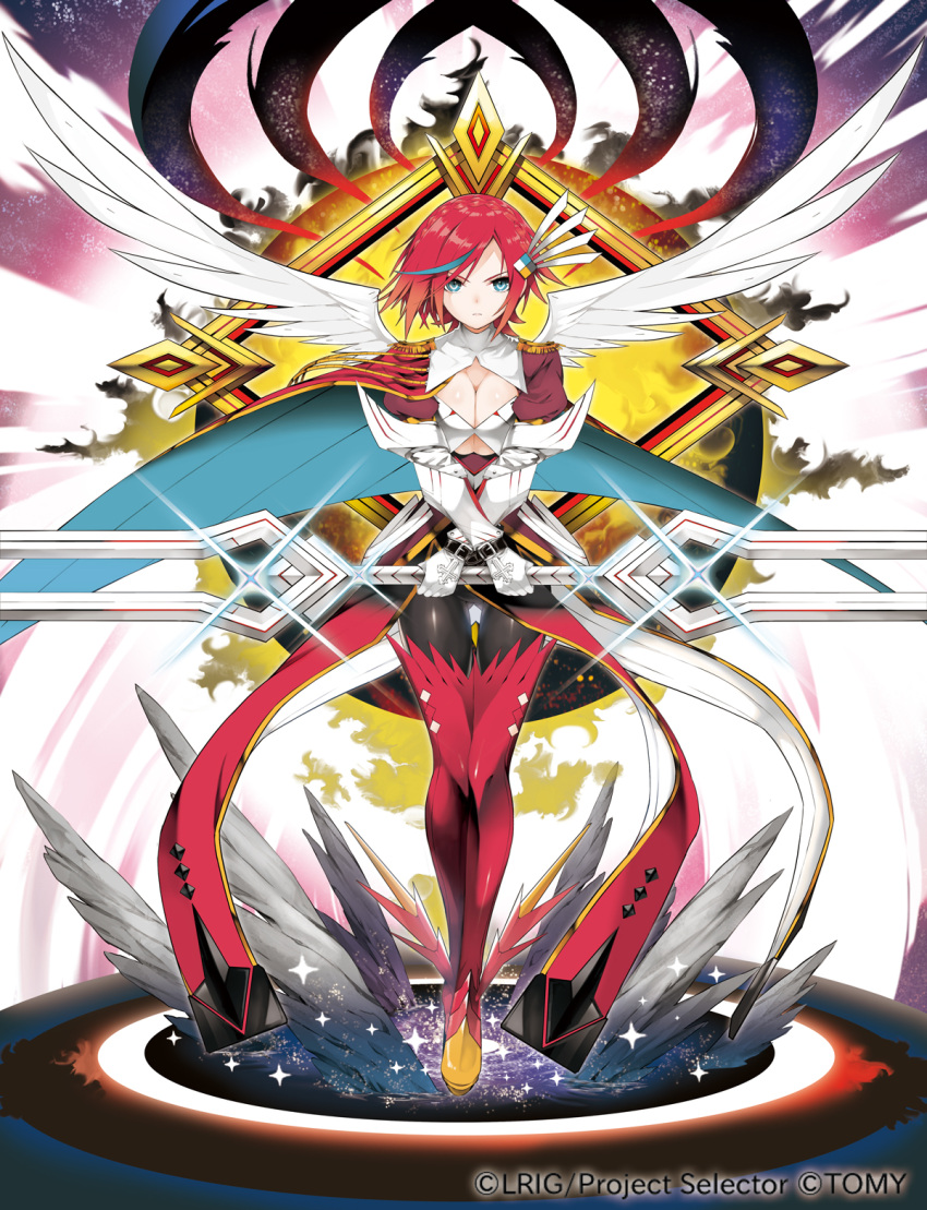1girl aqua_eyes aqua_hair armor ass_visible_through_thighs belt bodysuit braid breasts capelet cleavage cleavage_cutout closed_mouth company_name cross crossed_arms crown_braid double-blade epaulettes frown gauntlets hair_ornament highres holding holding_sword holding_weapon large_breasts looking_at_viewer lostorage_wixoss multicolored_hair official_art redhead ril_(wixoss) short_hair solo standing streaked_hair sword tokiti under_boob waist_cape weapon wings wixoss