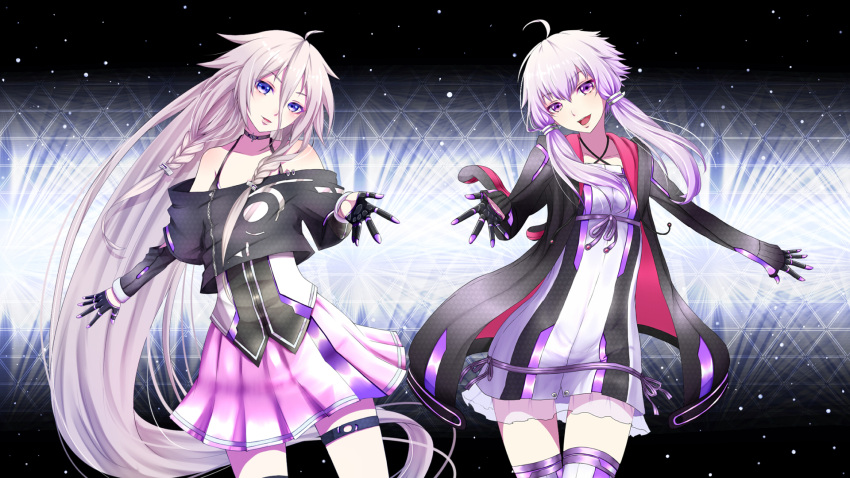 2girls black_gloves braid collar collarbone daburu dress gloves hair_between_eyes hair_ornament highres ia_(vocaloid) long_hair looking_at_viewer multiple_girls pink_skirt pleated_skirt purple_hair see-through silver_hair skirt thigh-highs twintails very_long_hair violet_eyes vocaloid yuzuki_yukari