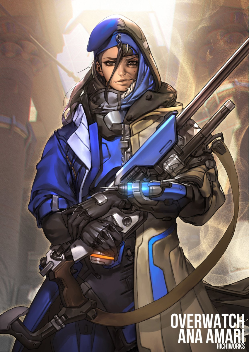 1girl ana_(overwatch) armor artist_name bandages beret black_gloves black_hair blue_coat blue_hat blue_jacket bodysuit braid brown_eyes character_name coat copyright_name cowboy_shot dark_skin emblem eye_of_horus facial_mark facial_tattoo female gauntlets gloves gun hat hichi_(hichiworks) highres hijab holding holding_gun holding_weapon jacket long_hair looking_at_viewer military military_hat military_uniform mole mole_under_eye old_woman open_clothes open_coat overcoat overwatch parted_lips power_armor power_suit revision rifle scope signature sniper_rifle solo split_image split_theme tattoo uniform weapon white_hair younger
