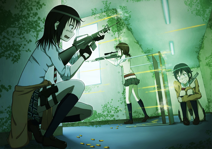 3girls artist_request assault_rifle black_hair bow bowtie brown_hair cardigan clothes_around_waist coppelion cowering desk dutch_angle fingerless_gloves firefight firing fukasaku_aoi full_body glasses_on_head gloves green_hair gun hallway handgun holster indoors kneehighs kneeling loafers m16 m21 miniskirt multiple_girls naruse_ibara necktie nomura_taeko panties pantyshot plaid plaid_skirt red_bow red_bowtie rifle scared school school_desk school_uniform shell_casing shirt shoes short_hair short_ponytail skirt sleeves_rolled_up standing striped striped_necktie sweater_around_waist sweater_vest thigh_holster trigger_discipline underwear weapon white_panties white_shirt window