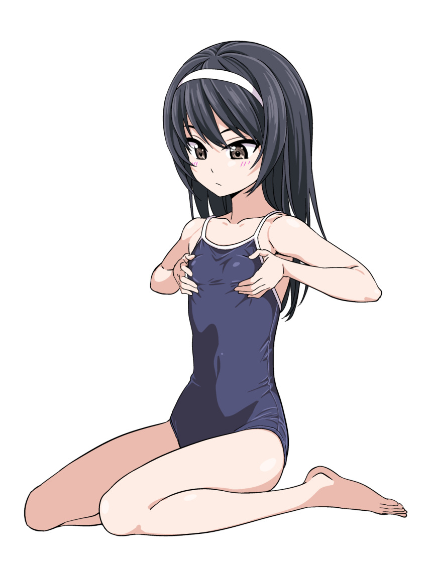 1girl bare_shoulders black_hair blush breast_conscious brown_eyes collarbone flat_chest frown girls_und_panzer hairband highres hiroyuki long_hair looking_at_breasts reizei_mako school_swimsuit shiny shiny_hair simple_background sitting solo swimsuit wariza white_background