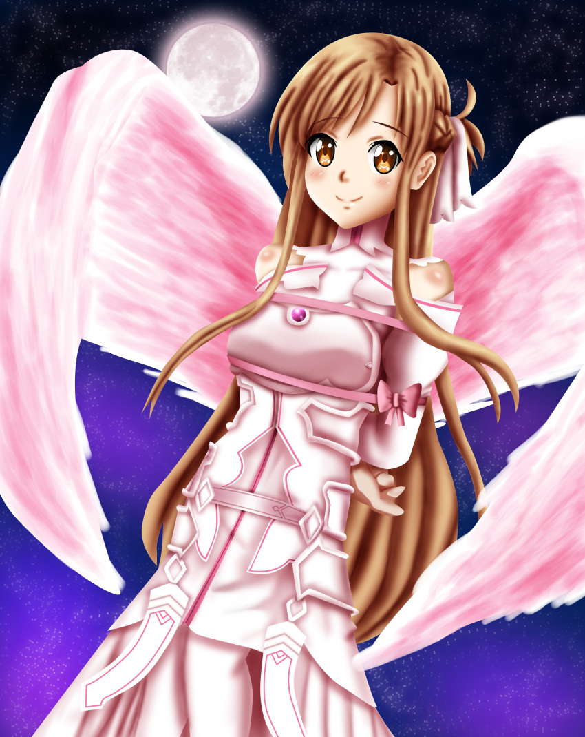 1girl angel angel_wings arms_behind_back asuna_(sao) bare_shoulders breastplate moon pink_ribbon ribbon sincity2100 smile sword_art_online tagme tied_up white_dress yuuki_asuna