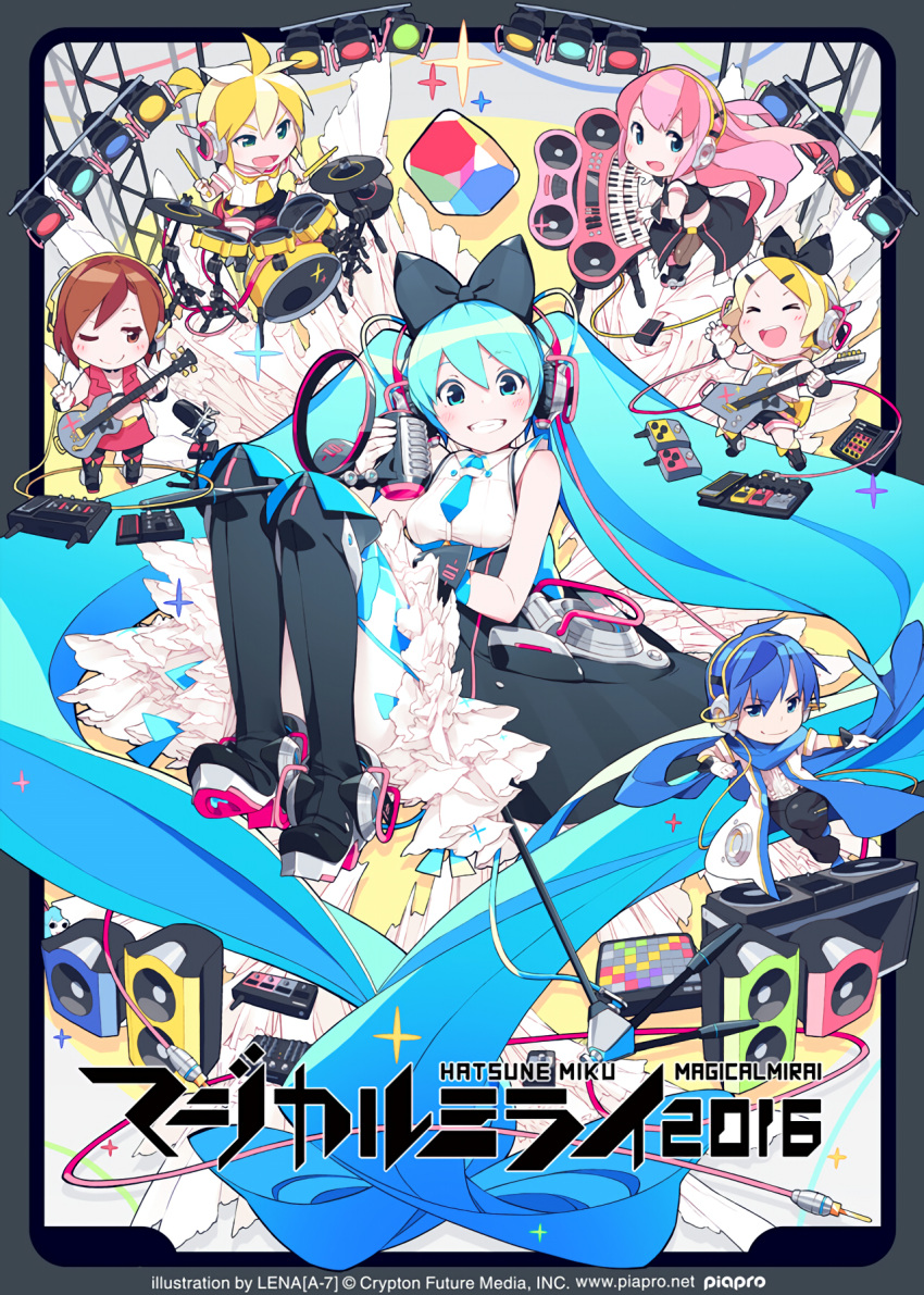 2boys 4girls bass_guitar black_footwear black_pants blonde_hair blue_eyes blue_hair boots bow brown_eyes brown_hair chibi closed_eyes coat cube dress drum drumsticks electric_guitar frilled_dress frilled_skirt frills gloves grin guitar hair_bow hatsune_miku headphones highres holding_instrument holding_microphone instrument kagamine_len kagamine_rin kaito keyboard_(instrument) lena_(zoal) looking_at_viewer magical_mirai_(vocaloid) matching_outfit megurine_luka meiko microphone microphone_stand multiple_boys multiple_girls music necktie one_eye_closed open_clothes open_coat pants pantyhose pink_hair playing_instrument red_skirt sailor_collar scarf short_sleeves shorts side_slit sitting skirt sleeveless sleeveless_dress smile sparkle speaker spotlight standing standing_on_one_leg text vocaloid white_gloves wire