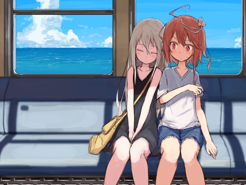 2girls :/ ahoge alternate_costume bag beize_(garbage) between_legs black_dress blonde_hair blush brown_hair closed_eyes clouds collarbone commentary_request day dress flower ground_vehicle hair_between_eyes hair_flower hair_ornament hand_between_legs i-58_(kantai_collection) kantai_collection leaning_on_person long_hair multiple_girls red_eyes shirt short_hair_with_long_locks shorts silhouette sitting sketch sky sleeping sleeping_on_person sweatdrop train train_interior u-511_(kantai_collection) v_arms very_long_hair water white_shirt window