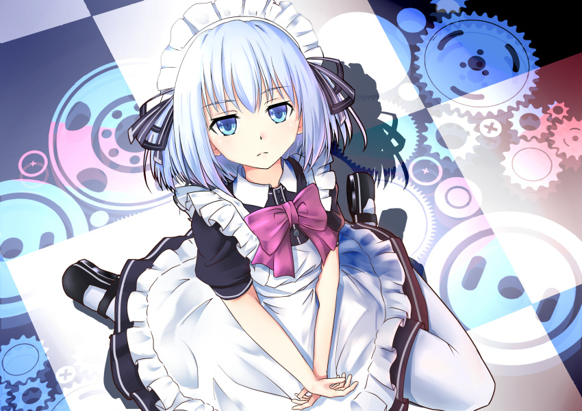 1girl absurdres aoi_kao_(lsz7106) blue_eyes bow bowtie checkered checkered_floor date_a_live from_above highres kneeling looking_at_viewer maid maid_headdress pantyhose purple_bow short_hair silver_hair solo tobiichi_origami white_legwear