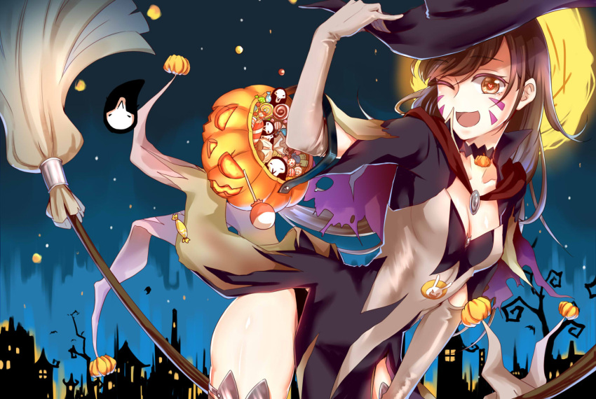 1girl ;d alternate_costume bangs breasts broom broom_riding brown_eyes brown_hair brown_legwear candy cityscape cleavage collarbone commentary_request container d.va_(overwatch) elbow_gloves facepaint facial_mark gloves halloween halloween_costume hand_on_headwear hat headphones heart heart-shaped_pupils highres leaning_forward long_hair looking_at_viewer night night_sky one_eye_closed open_mouth outdoors overwatch short_sleeves sky small_breasts smile solo swept_bangs symbol-shaped_pupils thigh-highs whisker_markings white_gloves witch witch_hat zhangyu_zi