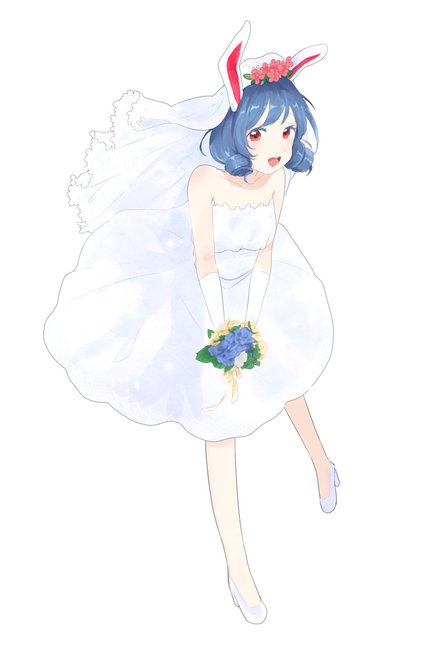 1girl alternate_hairstyle animal_ears bare_shoulders blue_hair bridal_veil dress drill_hair gloves happy high_heels highres honi legacy_of_lunatic_kingdom open_mouth pale_skin rabbit_ears red_eyes seiran_(touhou) short_hair strapless strapless_dress touhou twin_drills veil wedding wedding_dress white_gloves