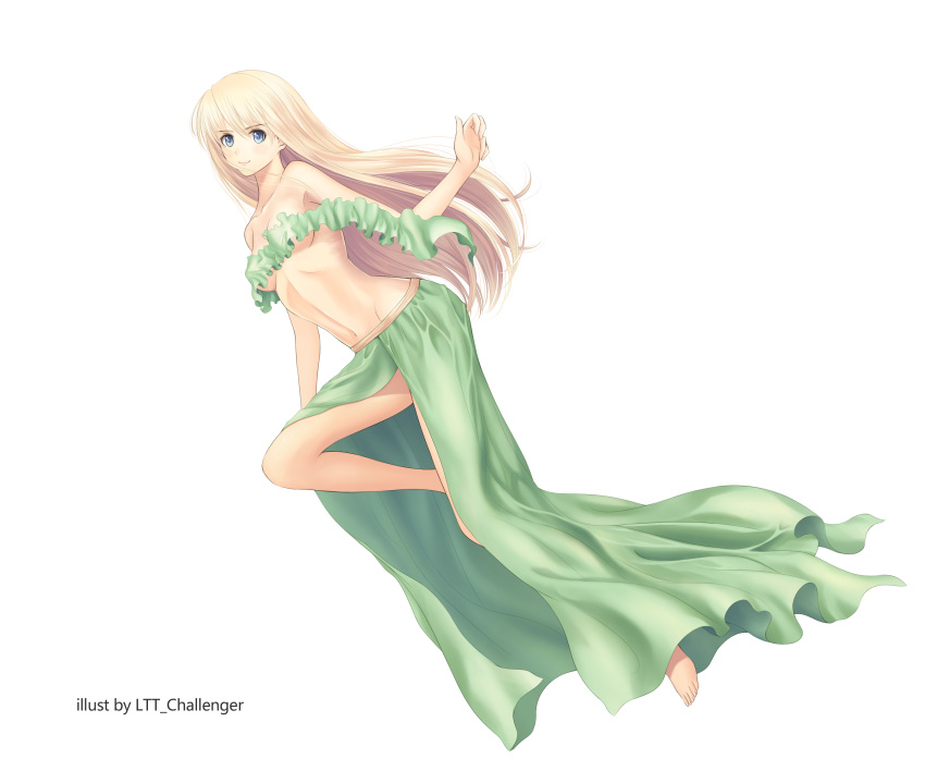 1girl absurdres bare_shoulders barefoot blonde_hair blue_eyes breasts cleavage full_body groin highres long_hair ltt_challenger medium_breasts navel one_leg_raised original signature simple_background smile solo underwear white_background