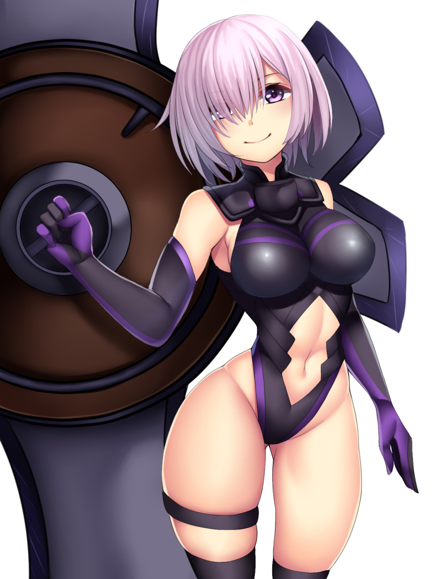 1girl beeyan black_legwear breasts elbow_gloves fate/grand_order fate_(series) gloves hair_over_one_eye highres holding_shield large_breasts looking_at_viewer navel purple_hair shielder_(fate/grand_order) short_hair simple_background smile solo thigh-highs violet_eyes white_background