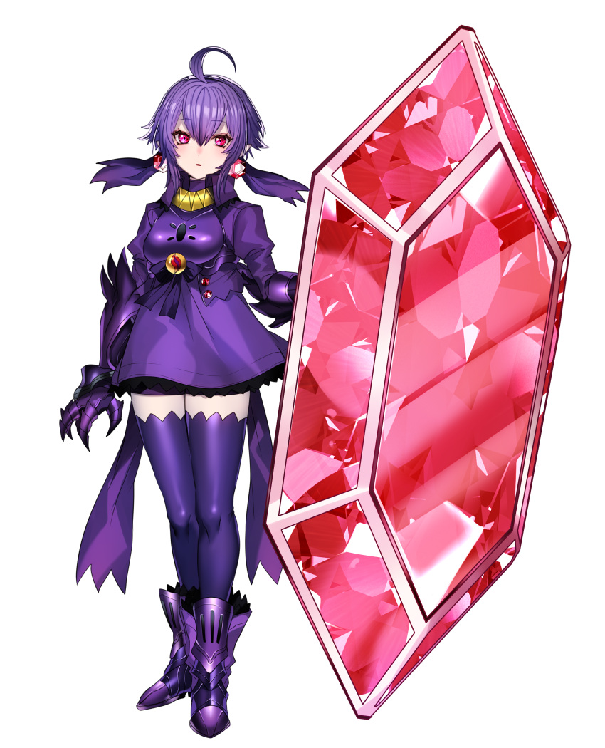 1girl ahoge boots crystal dress earrings full_body gauntlets highres jewelry katagiri_hachigou low_twintails mega_pokemon mega_sableye personification pokemon purple_hair purple_legwear red_eyes sableye shield simple_background solo thigh-highs twintails white_background