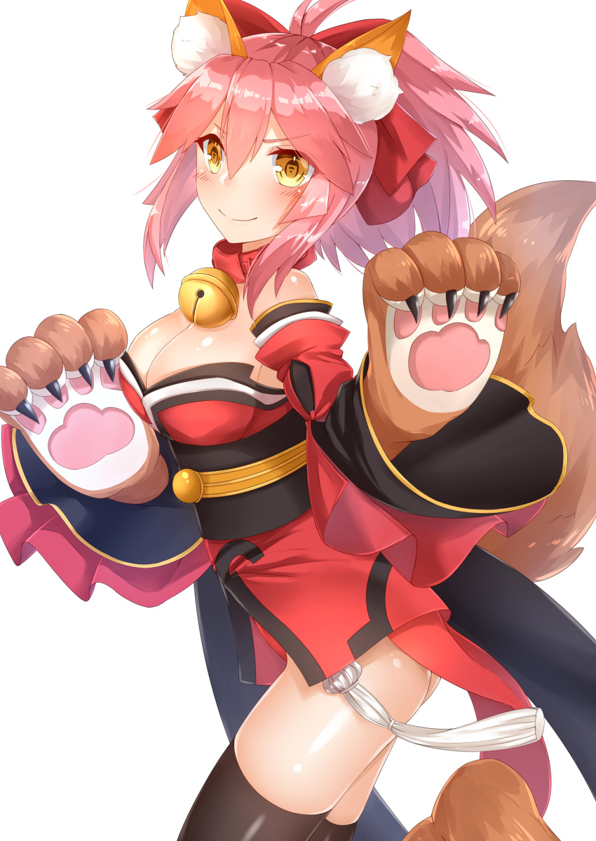 1girl absurdres animal_ears bell bell_collar breasts cleavage collar fate/grand_order fate_(series) fox_ears fox_tail hair_ribbon highres japanese_clothes large_breasts long_hair looking_at_viewer pink_hair ribbon simple_background sll solo tail tamamo_(fate)_(all) tamamo_cat_(fate) thigh-highs white_background yellow_eyes