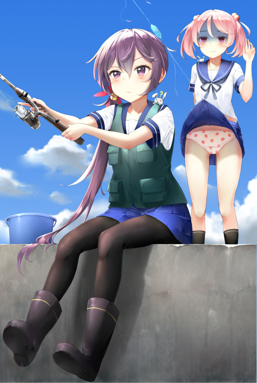 2girls ? accidental_exposure akebono_(kantai_collection) animal animal_on_shoulder arm_behind_back assisted_exposure bell black_legwear blue_sky boots bucket clouds comic commentary_request dock fishing fishing_line fishing_rod flower green_vest hair_bell hair_between_eyes hair_bobbles hair_flower hair_ornament hand_up highres kantai_collection long_hair multiple_girls panties pantyhose pantyshot pantyshot_(standing) pink_eyes pink_hair print_panties purple_hair rabbit rubber_boots sazanami_(kantai_collection) school_uniform serafuku shaded_face shadow short_sleeves side_ponytail sitting skirt skirt_lift sky somalisu standing strawberry_panties strawberry_print twintails underwear vest violet_eyes