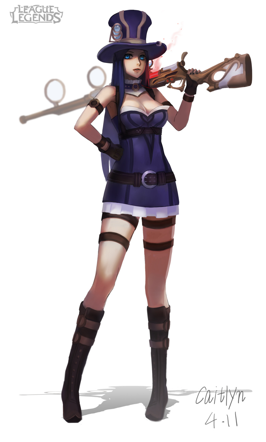 1girl absurdres armlet armpits bare_shoulders belt black_gloves blue_dress blue_eyes blue_hair boots breasts brown_boots caitlyn_(league_of_legends) character_name cleavage closed_mouth copyright_name dated dress fingerless_gloves full_body gloves gun hand_on_hip hat highres holding holding_gun holding_weapon hou_akira league_of_legends long_hair looking_at_viewer medium_breasts rifle short_dress solo standing thigh_strap top_hat weapon white_background