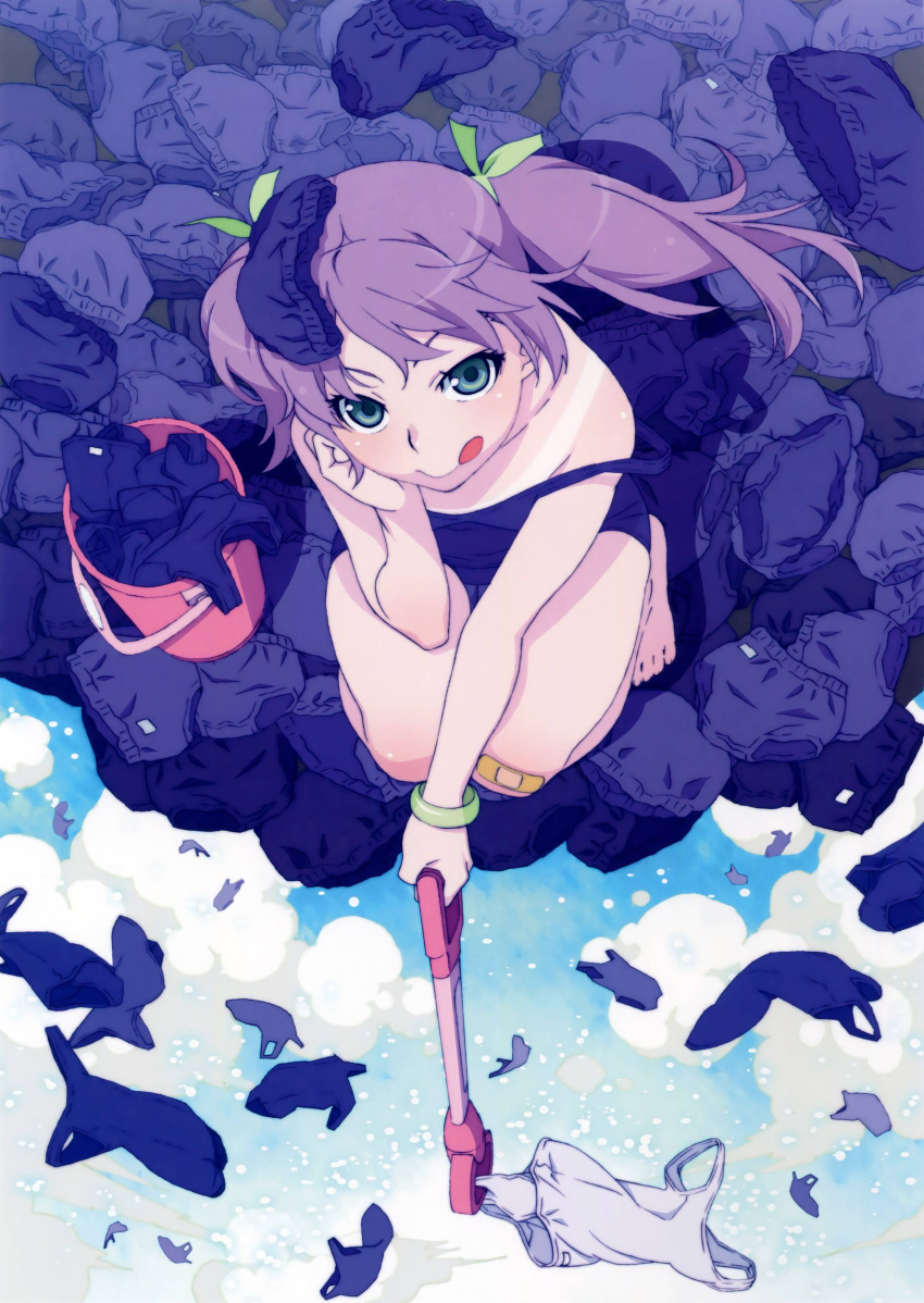 absurdres bandaid bloomers bloomers_on_head bracelet bucket clouds green_eyes hair_ribbon hand_on_own_face highres jewelry looking_at_viewer object_on_head original pink_hair ribbon school_swimsuit seiza sitting strap_slip swimsuit tan tanline tongue_up twintails underwear watanabe_akio