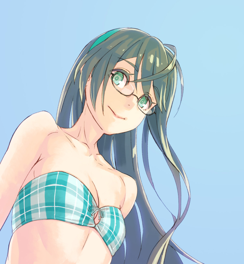 1girl :&gt; aqua_bikini aqua_eyes aqua_hairband bangs bare_shoulders bikini bikini_top black_hair blue_background breasts cleavage closed_mouth collarbone colored_eyelashes eyebrows eyebrows_visible_through_hair from_below front-tie_bikini front-tie_top glasses hair_between_eyes hairband highres kantai_collection long_hair looking_at_viewer looking_down ooyodo_(kantai_collection) plaid plaid_bikini semi-rimless_glasses simple_background small_breasts smile solo strapless strapless_bikini swimsuit under-rim_glasses upper_body yuuji_(and)