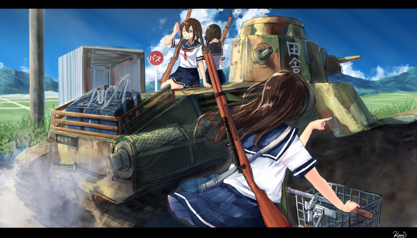 3girls bicycle brown_hair field forest ground_vehicle gun karo-chan long_hair military military_vehicle miniskirt motor_vehicle mountain multiple_girls nature one_eye_closed pleated_skirt pointing rifle sailor sailor_collar shed short_hair skirt tank twintails weapon