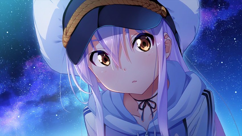 1girl brown_eyes close-up game_cg hat island_(game) kuuchuu_yousai looking_at_viewer neck_ribbon night official_art ohara_rinne ribbon sky solo star_(sky) starry_sky