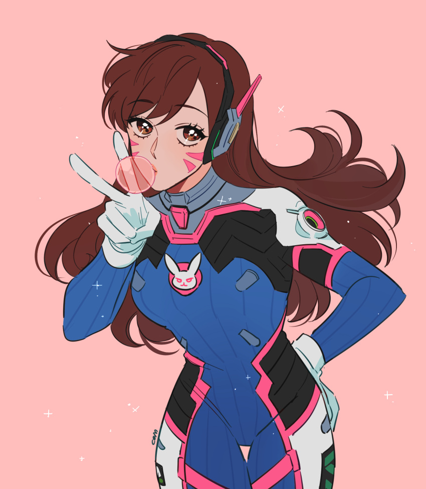 1girl artist_name bodysuit brown_eyes brown_hair bubble_blowing bubblegum bunny_print com_(com0107) d.va_(overwatch) facepaint facial_mark gloves gum hand_on_hip headset highres long_hair looking_at_viewer overwatch pilot_suit pink_background ribbed_bodysuit simple_background solo sparkle upper_body v whisker_markings white_gloves