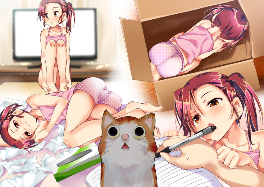 1girl all_fours animal animal_ears ass bare_arms bare_legs bare_shoulders barefoot blurry blush bokeh box camisole cardboard_box cat cat_ears closed_mouth collarbone depth_of_field feet hair_over_one_eye hand_on_another's_arm holding_foot in_box in_container indoors knees_up legs looking_at_viewer lying notebook o_o on_side one_side_up open_mouth orange_eyes original panties pen personality_switch polka_dot polka_dot_panties red_eyes redhead ryouma_(galley) short_hair sitting solo strap_slip television tissue tissue_box underwear whiskers writing