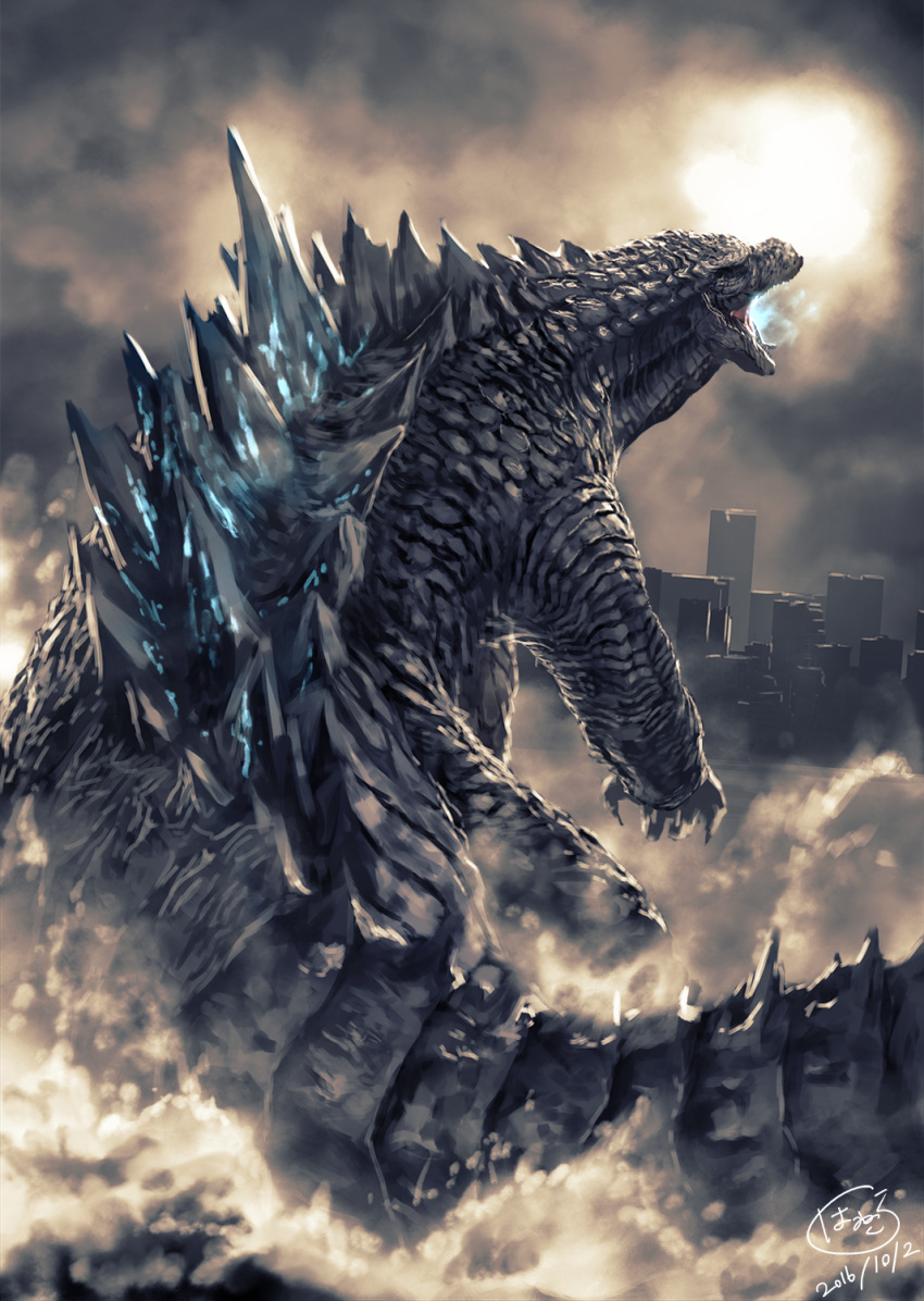 blue_fire breathing_fire cityscape clouds cloudy_sky dated fire from_behind godzilla godzilla_(2014) godzilla_(series) highres kaijuu monster no_humans open_mouth rabidhowl scales sharp_teeth signature sky solo spikes splashing teeth tongue wading water