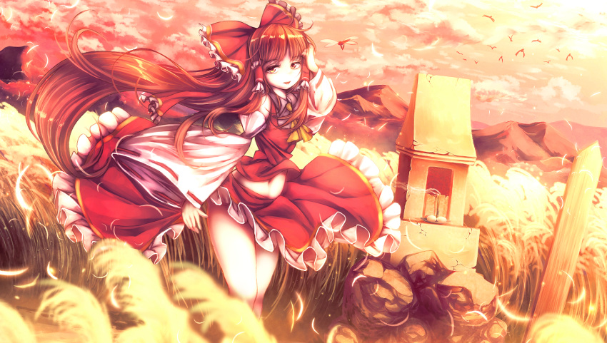 1girl bird bow brown_hair clouds cloudy_sky cravat dango detached_sleeves dragonfly flock food frilled_skirt frills hair_bow hair_tubes hakurei_reimu half-closed_eyes hand_in_hair incense insect long_hair looking_at_viewer midriff mountain navel orange_eyes outdoors parted_lips red_sky ribbon-trimmed_sleeves ribbon_trim rock shrine skirt skirt_set sky solo standing t.m_(aqua6233) touhou twilight very_long_hair wagashi wind