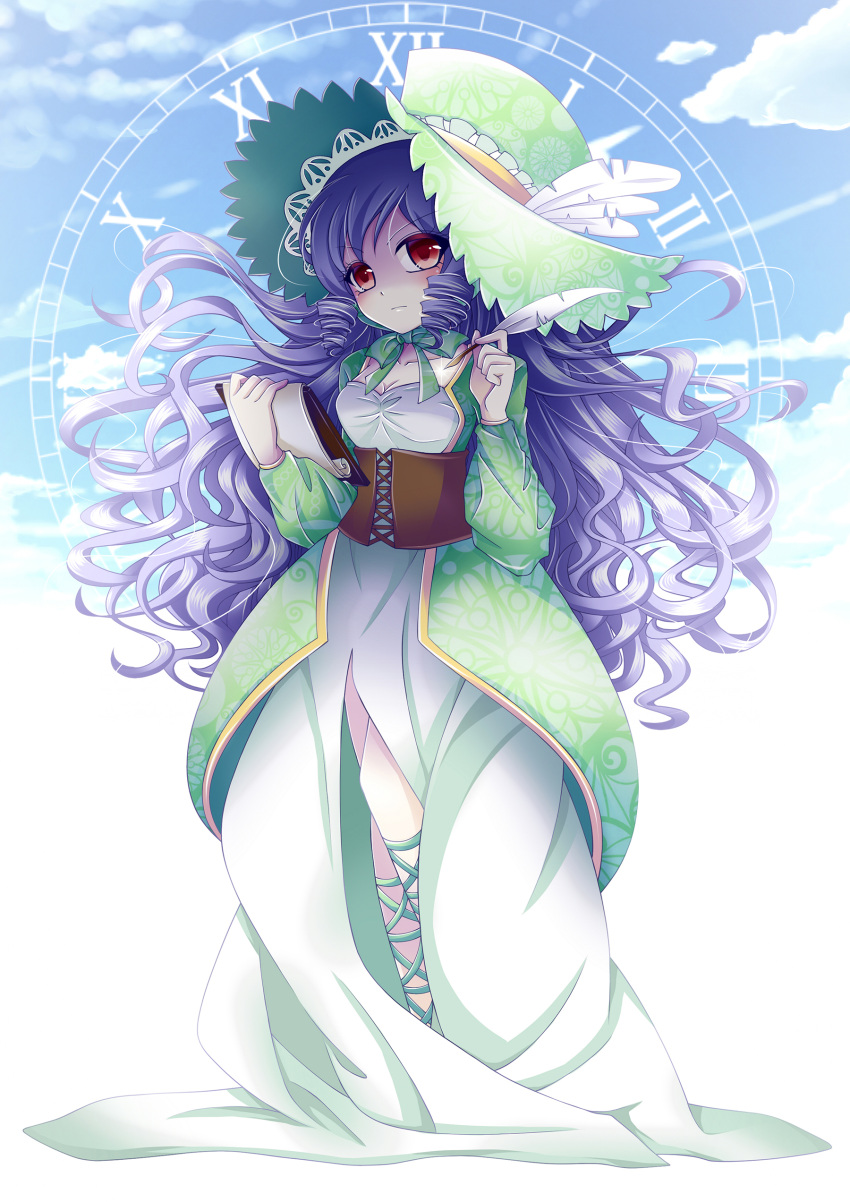 1girl absurdres breasts cleavage clouds corset die_ying dress drill_hair feathers full_body green_dress hat hat_feather highres long_hair notepad original pen purple_hair red_eyes roman_numerals solo twin_drills