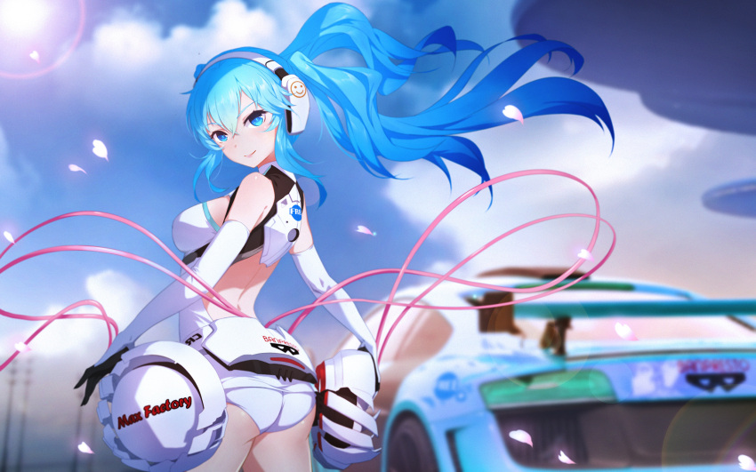1girl aqua_eyes aqua_hair ass blurry breasts cangkong car depth_of_field elbow_gloves gloves goodsmile_company goodsmile_racing ground_vehicle hatsune_miku headphones headset highres long_hair looking_back max_factory motor_vehicle racequeen smile solo thigh-highs twintails very_long_hair vocaloid