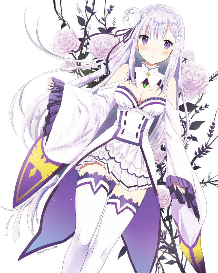 blush dress emilia_(re:zero) flower long_hair purple_eyes re:zero_kara_hajimeru_isekai_seikatsu smile white_hair