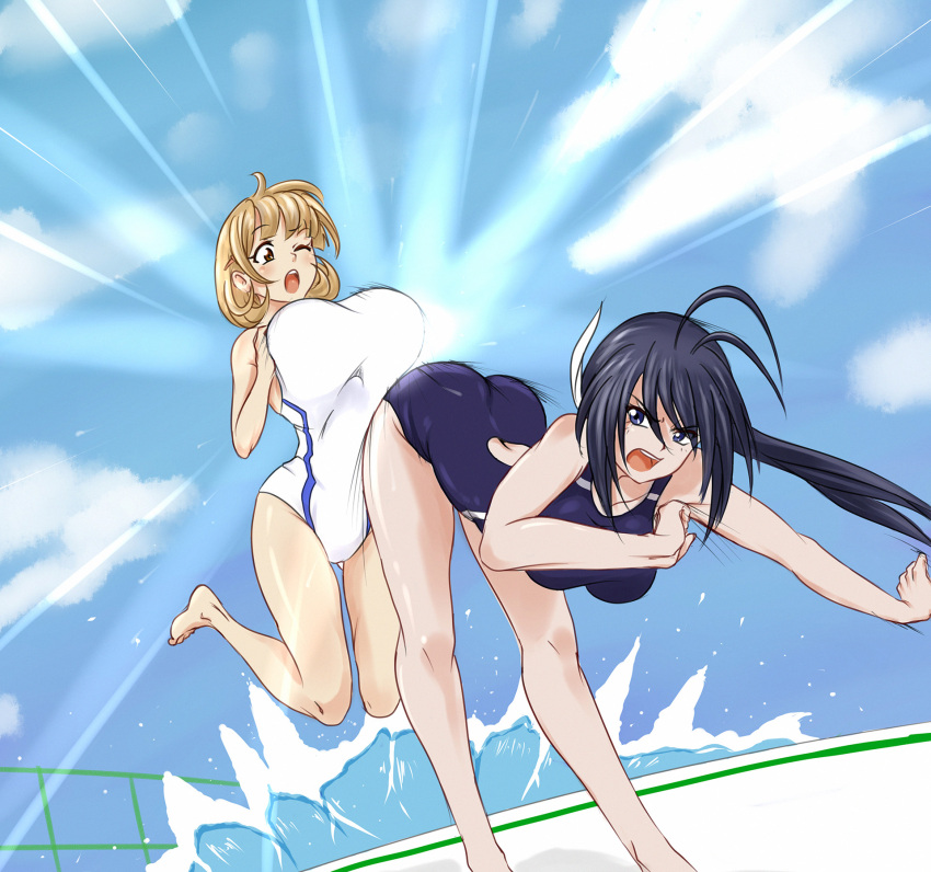 2girls antenna_hair ass black_hair blonde_hair blue_eyes breasts brown_eyes competition_swimsuit crossover dutch_angle eyebrows eyebrows_visible_through_hair eyes_visible_through_hair highres hip_attack huge_breasts kaminashi_nozomi keijo!!!!!!!! long_hair multiple_girls narusawa_ryouka occultic;nine one-piece_swimsuit open_mouth outdoors ponytail speed_lines swimsuit viperxtr water