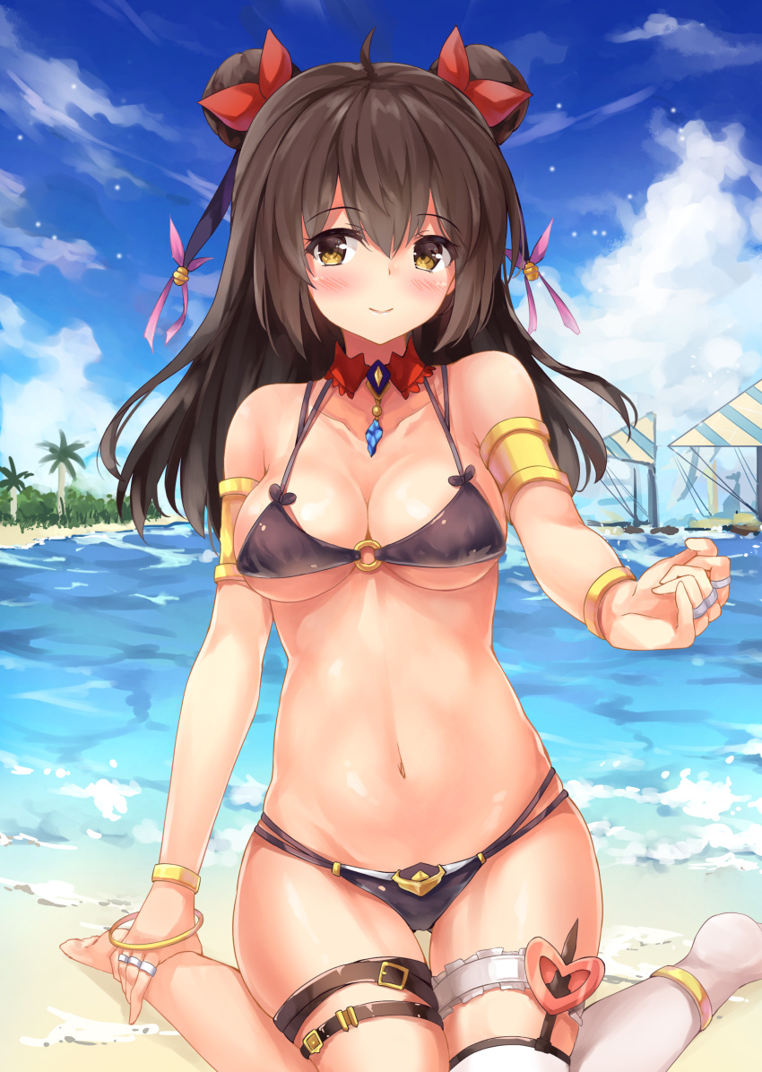 1girl absurdres beach bell belt bikini black_bikini black_hair breasts chitori cleavage collarbone day double_bun hair_bell hair_ornament heart highres jingle_bell leg_garter long_hair looking_at_viewer medium_breasts navel original outdoors outstretched_arm palm_tree single_thighhigh sitting smile solo swimsuit thigh-highs tree under_boob water white_legwear