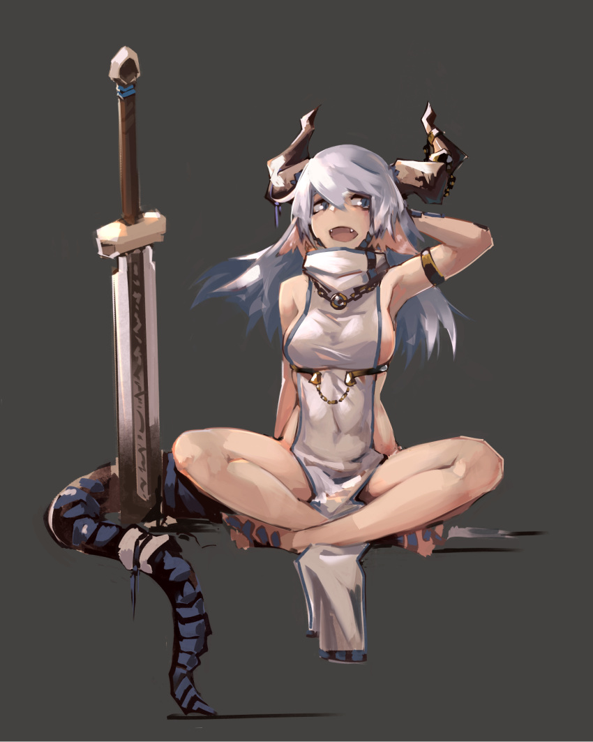 1girl blue_eyes breasts crossed_legs deel_(rkeg) dragon_girl dragon_horns dragon_tail fangs grey_background highres horn_ornament horns long_hair open_mouth original sideboob silver_hair simple_background solo sword tabard tail turtleneck weapon