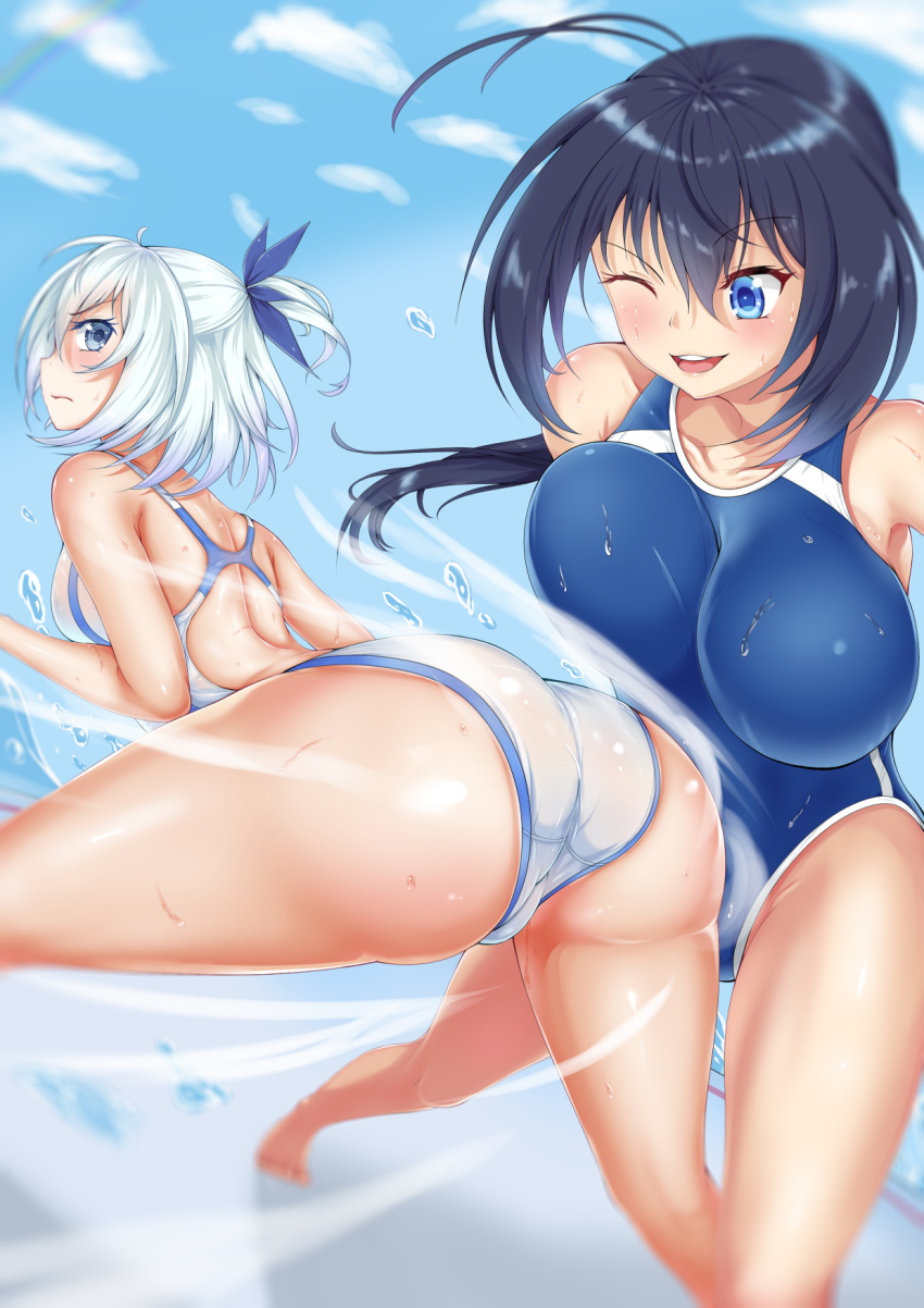2girls ;d antenna_hair arched_back ass black_hair blue_eyes breasts clouds collarbone competition_swimsuit dutch_angle foreshortening highres hip_attack kaminashi_nozomi keijo!!!!!!!! large_breasts miyata_sayaka multiple_girls one-piece_swimsuit one_eye_closed open_mouth outdoors smile swimsuit unaligned_breasts water wet white_hair zuizhong