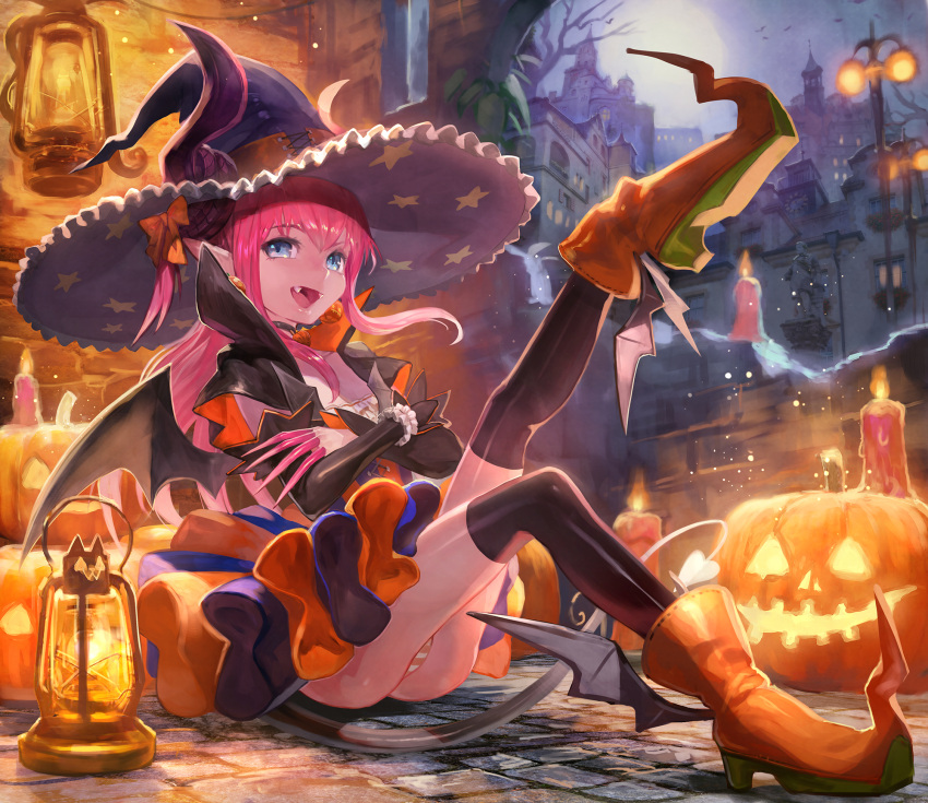 1girl blue_eyes candle dragon_tail elizabeth_bathory_(fate/grand_order) fangs fate/grand_order fate_(series) halloween highres horns jack-o'-lantern lack lancer_(fate/extra_ccc) lantern long_hair panties pink_hair pink_panties pointy_ears pointy_shoes shoes smile solo striped striped_panties tail underwear